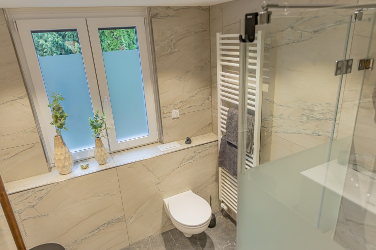 Dusche mit Glaswand im Bad der Ferienwohnung Neuburg an der Donau